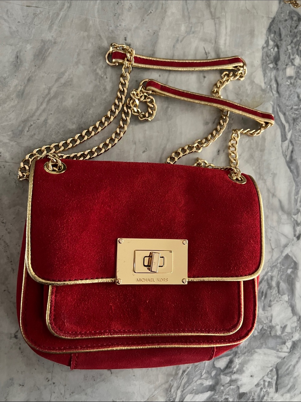 Michael Kors Red Velvet Crossbody with Gold Chain Trim